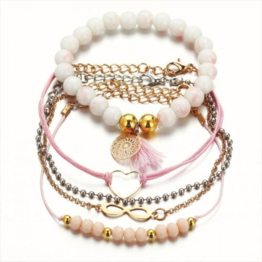 5 Piece Boho Heart Infinity Stone Bracelet Set - Picture 4 of 4